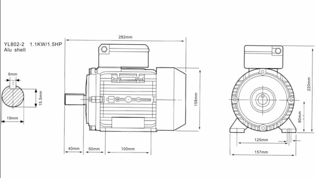 Монофазен електромотор 1.1 kW 2800 rpm алуминиев корпус-размери